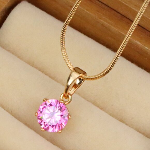 "Chic Pink Solitaire Pendant in Gold –Feminine Elegance, XPPT1642 - Picture 1 of 12